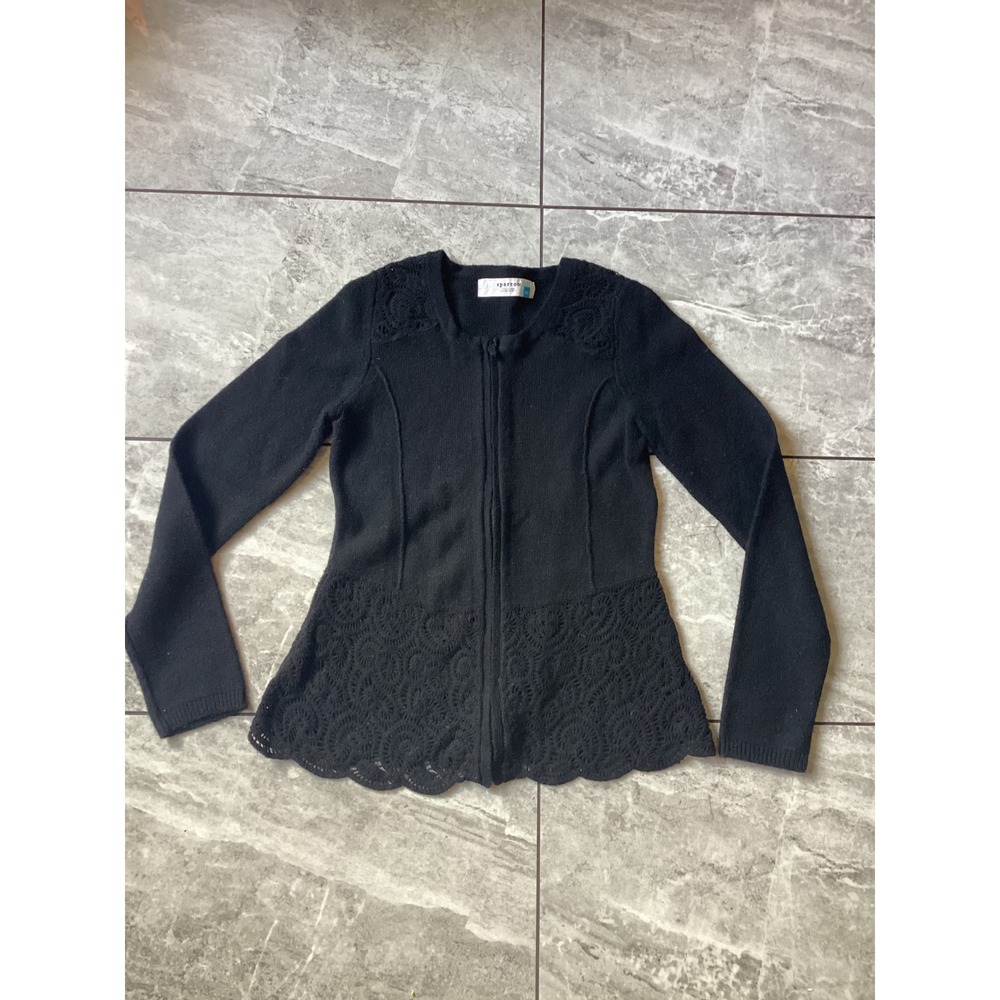 Sparrow Anthropologie Black Wool Crochet Lace Zip Front Cardigan Sweater XS